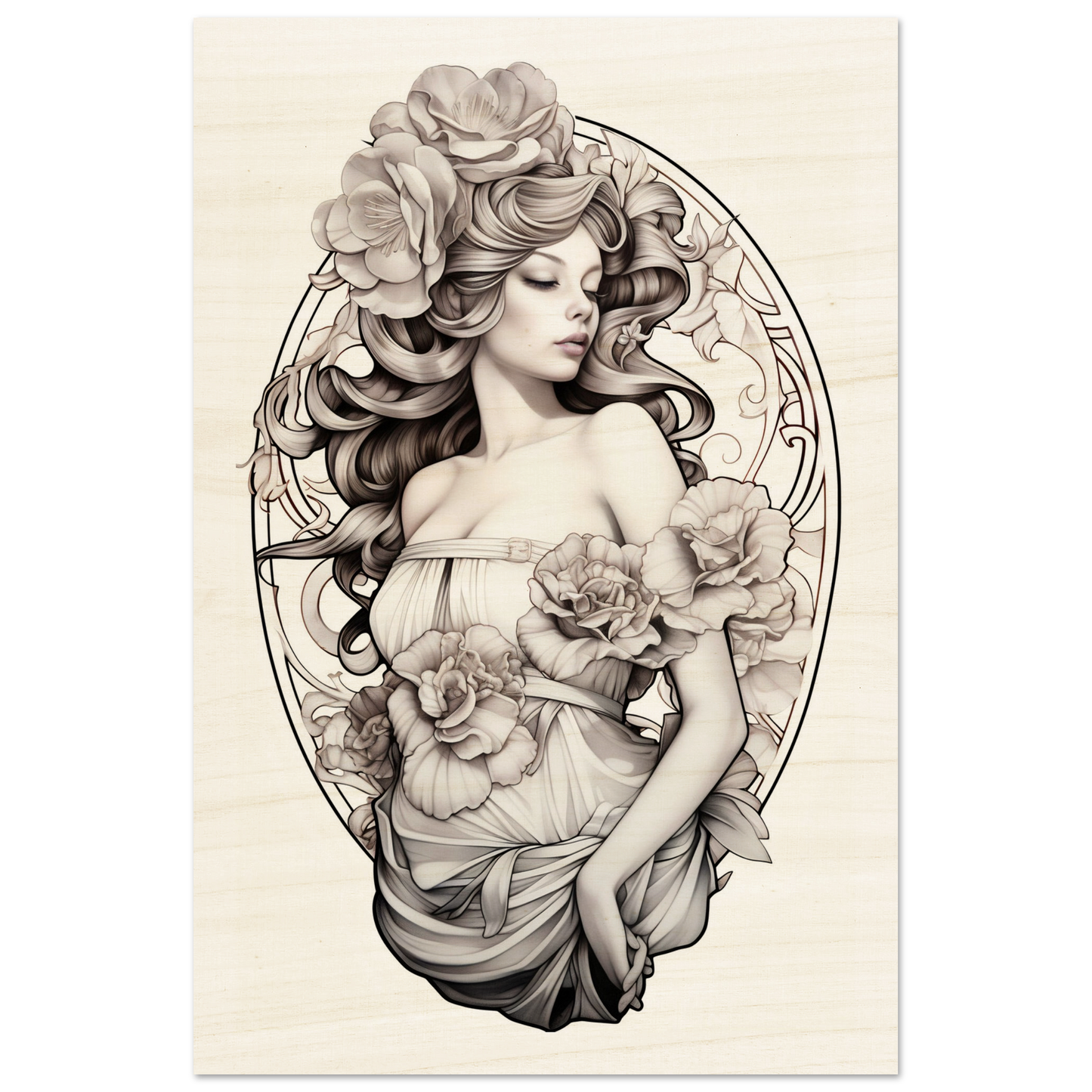 Sepia-toned illustration of a woman with flowing hair adorned with roses in an Art Nouveau style.