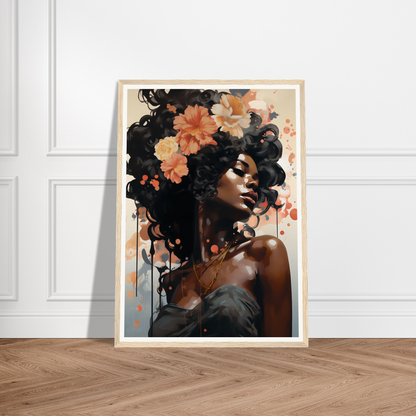 Framed portrait of a woman with flowers incorporated into her hair and the background.