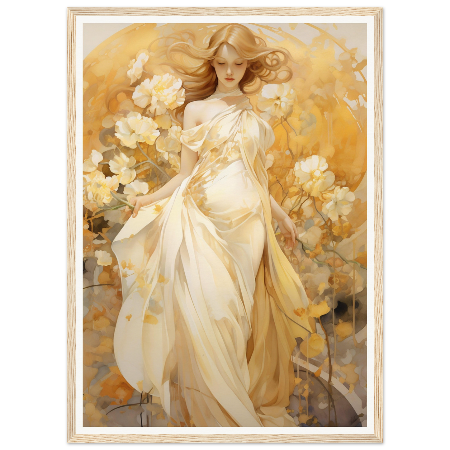 Ethereal woman in a flowing white dress surrounded by pale yellow flowers.