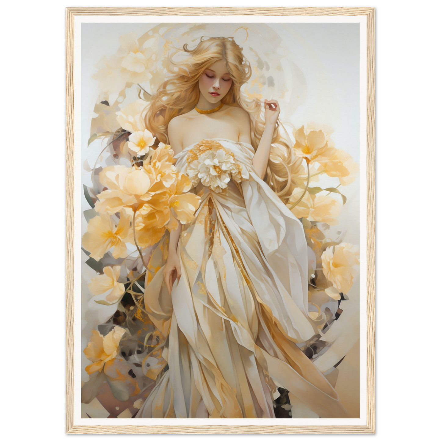 Ethereal painting of a woman in flowing white and gold robes surrounded by yellow flowers.