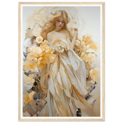 Ethereal painting of a woman in flowing white and gold robes surrounded by yellow flowers.