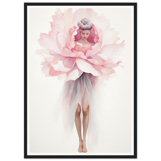 Surrealistic figure with a woman’s legs and a giant pink peony bloom as the upper body.