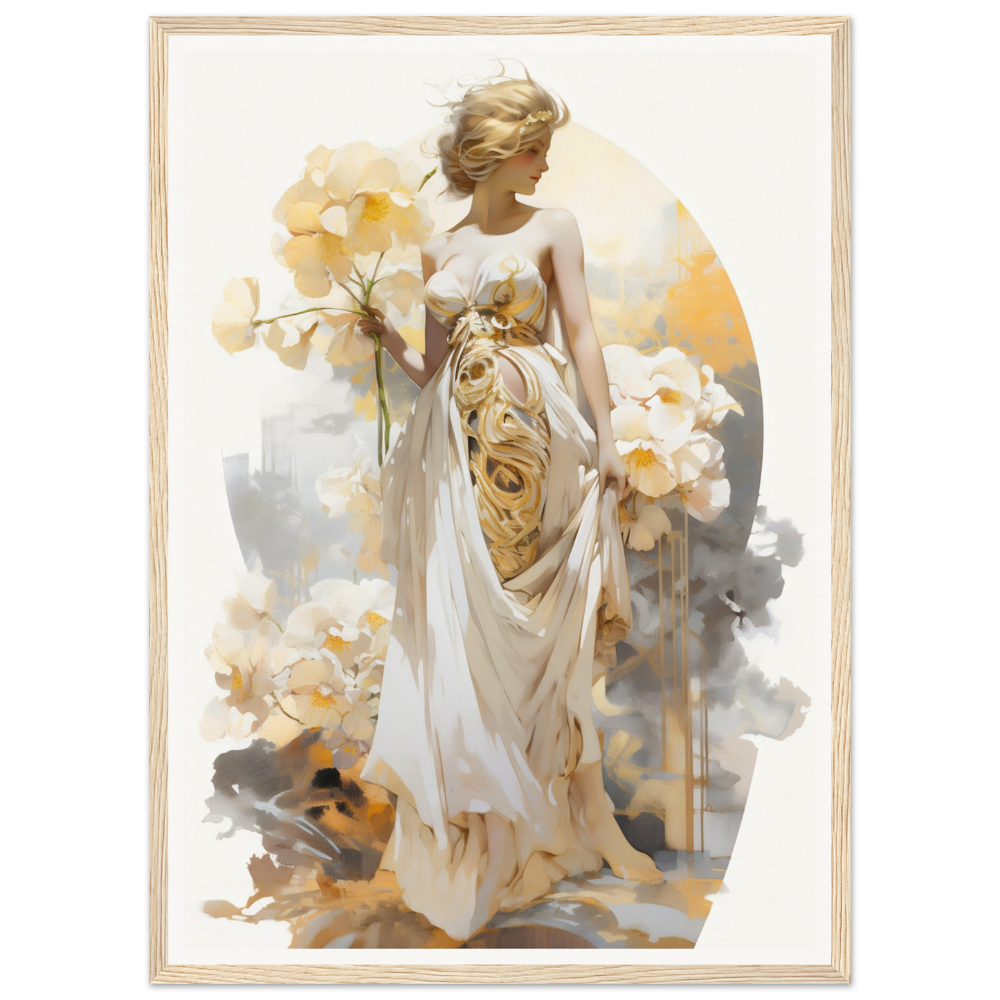 Ethereal painting of a woman in a flowing white dress holding flowers.