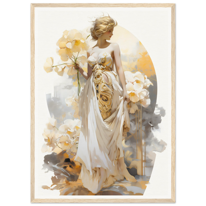 Ethereal painting of a woman in a flowing white dress holding flowers.