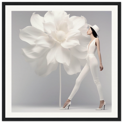 Woman in a white outfit walking beside an oversized white flower.