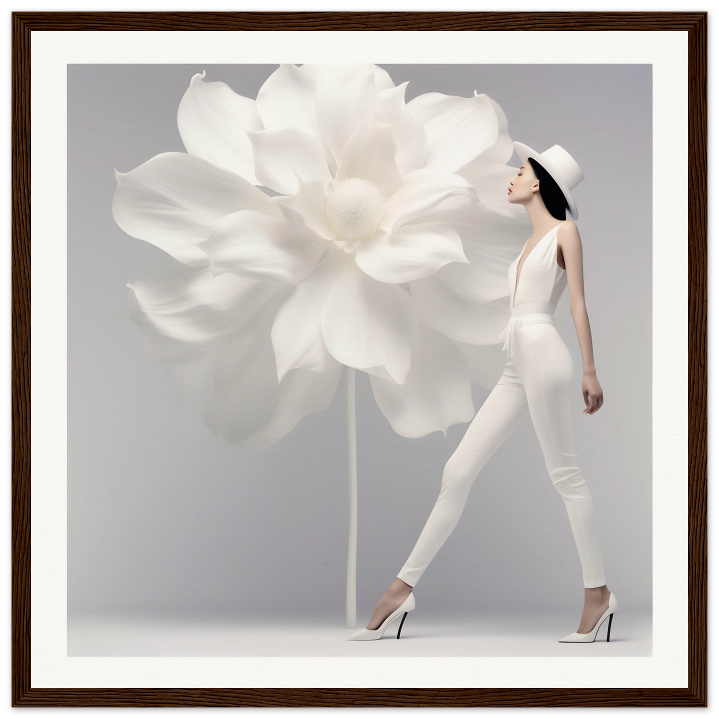 Woman in a white outfit standing next to an oversized white flower.