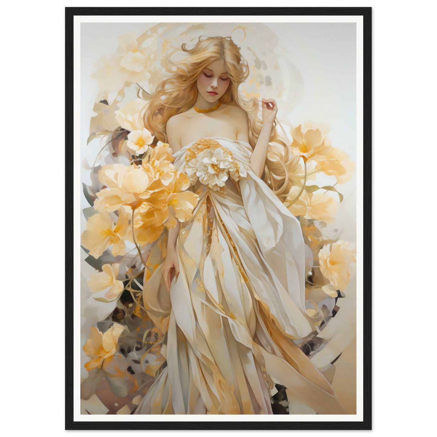 Ethereal painting of a woman in flowing white and gold robes surrounded by yellow flowers.