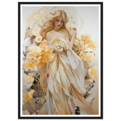 Ethereal painting of a woman in flowing white and gold robes surrounded by yellow flowers.