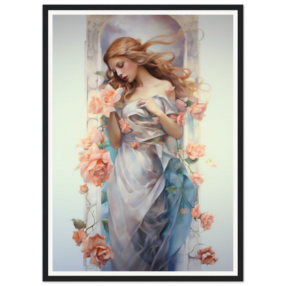 Painting of a woman with flowing hair surrounded by pink roses.