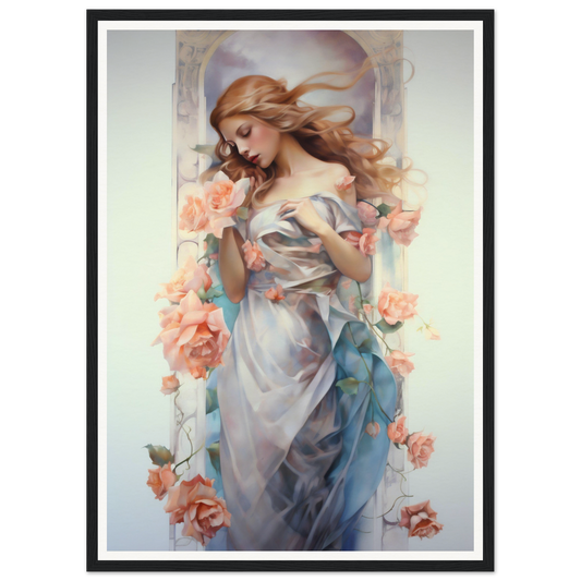 Painting of a woman with flowing hair surrounded by pink roses.