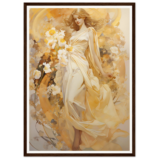 Painting of an ethereal woman in flowing white dress surrounded by flowers.