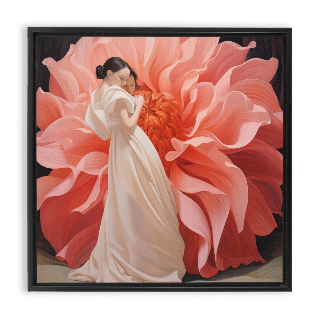 Woman in a white dress standing in front of an oversized pink flower bloom.