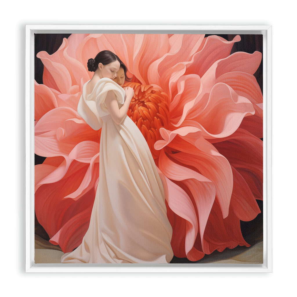 Woman in a flowing white dress standing against a backdrop of oversized coral-pink flower petals.