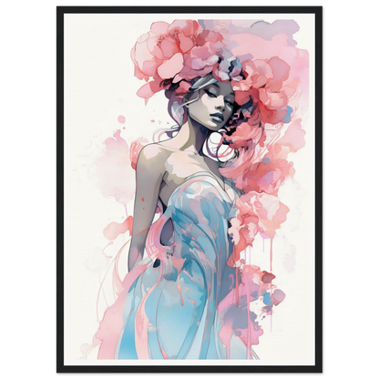 Watercolor-style painting of a woman with pink floral elements in her hair and a flowing blue dress.