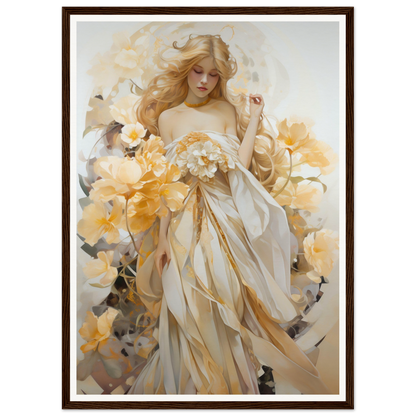 Ethereal painting of a woman in a flowing white dress surrounded by golden flowers.