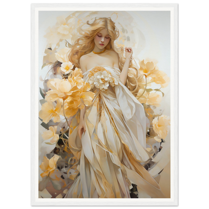 Ethereal female figure in flowing white and gold robes surrounded by yellow flowers.