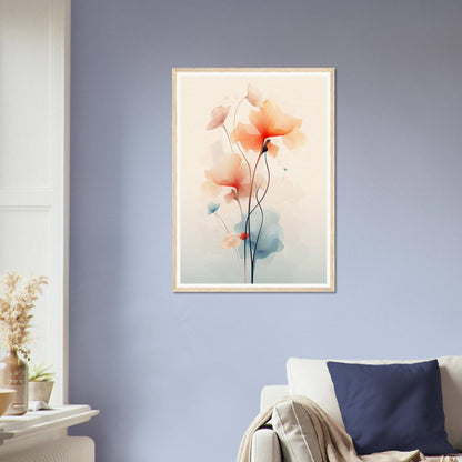 Framed watercolor painting of delicate orange poppies with slender stems.