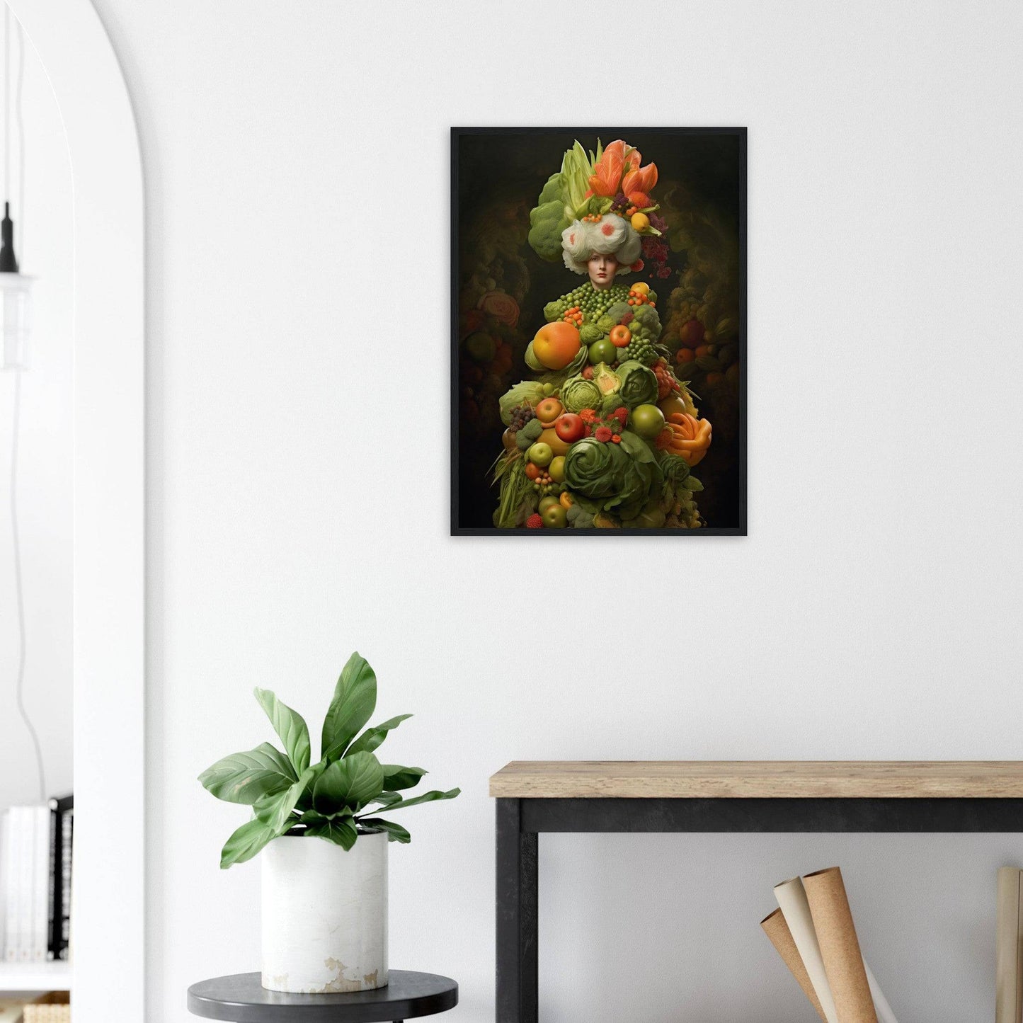 Whimsical portrait composed of various fruits and vegetables arranged to resemble a human figure.