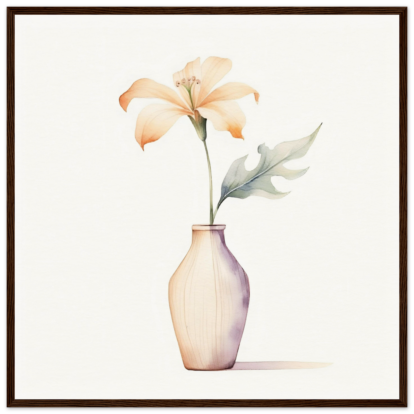 Delicate lily flower in a pale vase with a single leaf.