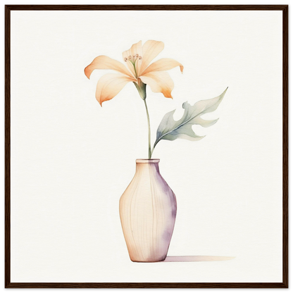 Delicate lily flower in a pale vase with a single leaf.