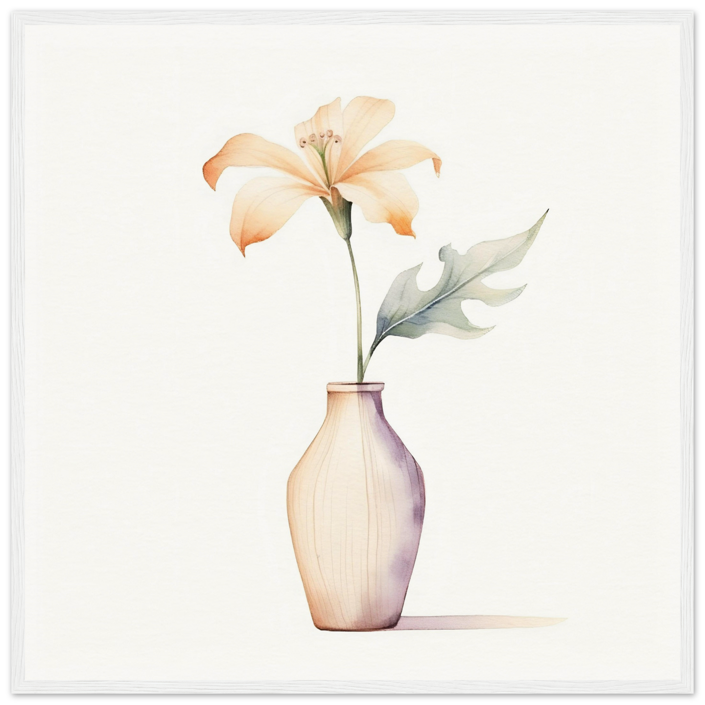 Pale vase containing a single delicate flower with peach-colored petals.