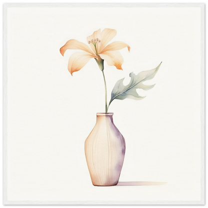 Pale vase containing a single delicate flower with peach-colored petals.