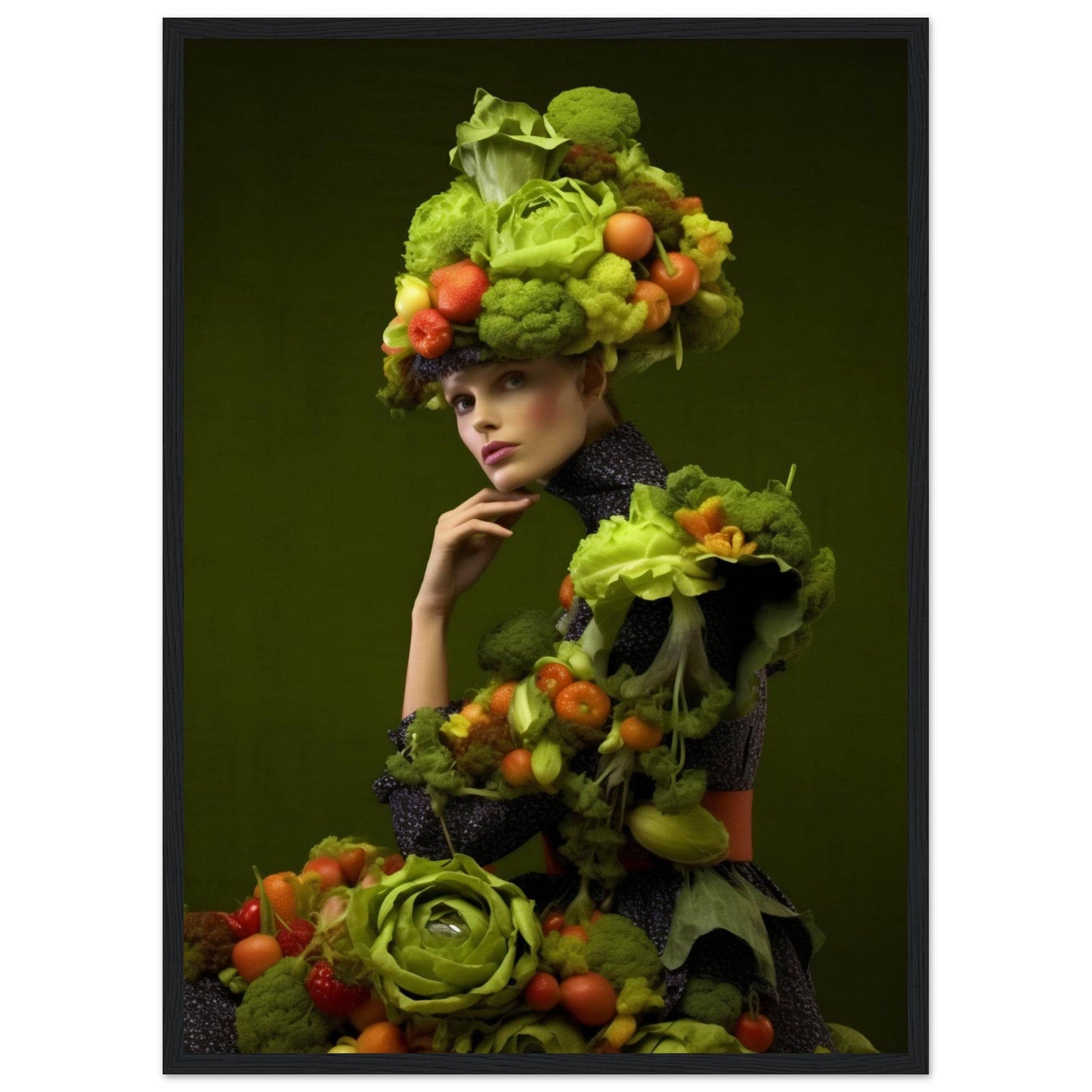 Woman wearing an elaborate costume and headdress made entirely of colorful fruits and vegetables.