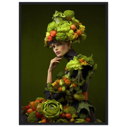 Woman wearing an elaborate costume and headdress made entirely of colorful fruits and vegetables.