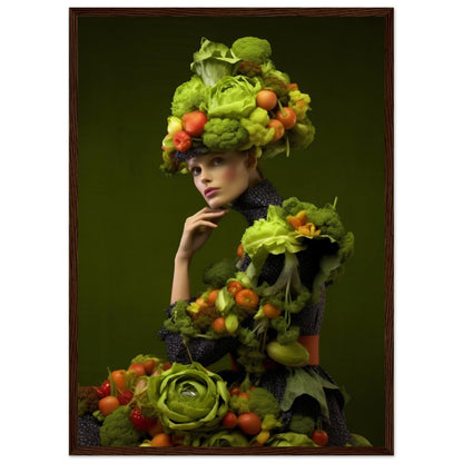 Artistic portrait featuring a person adorned with an elaborate headdress and outfit made entirely of vibrant fruits and vegetables.