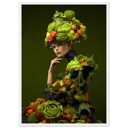 Person wearing an elaborate costume and headdress made entirely of fruits and vegetables.