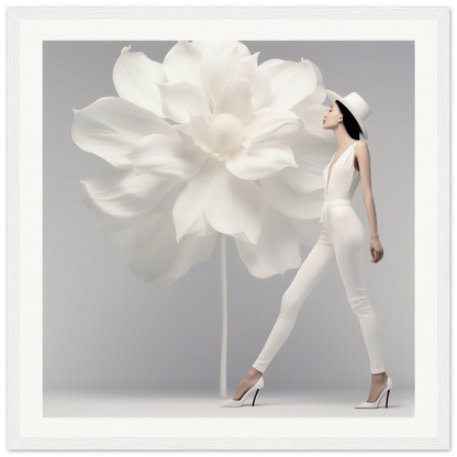 Elegant woman in white attire posing next to an oversized flower.