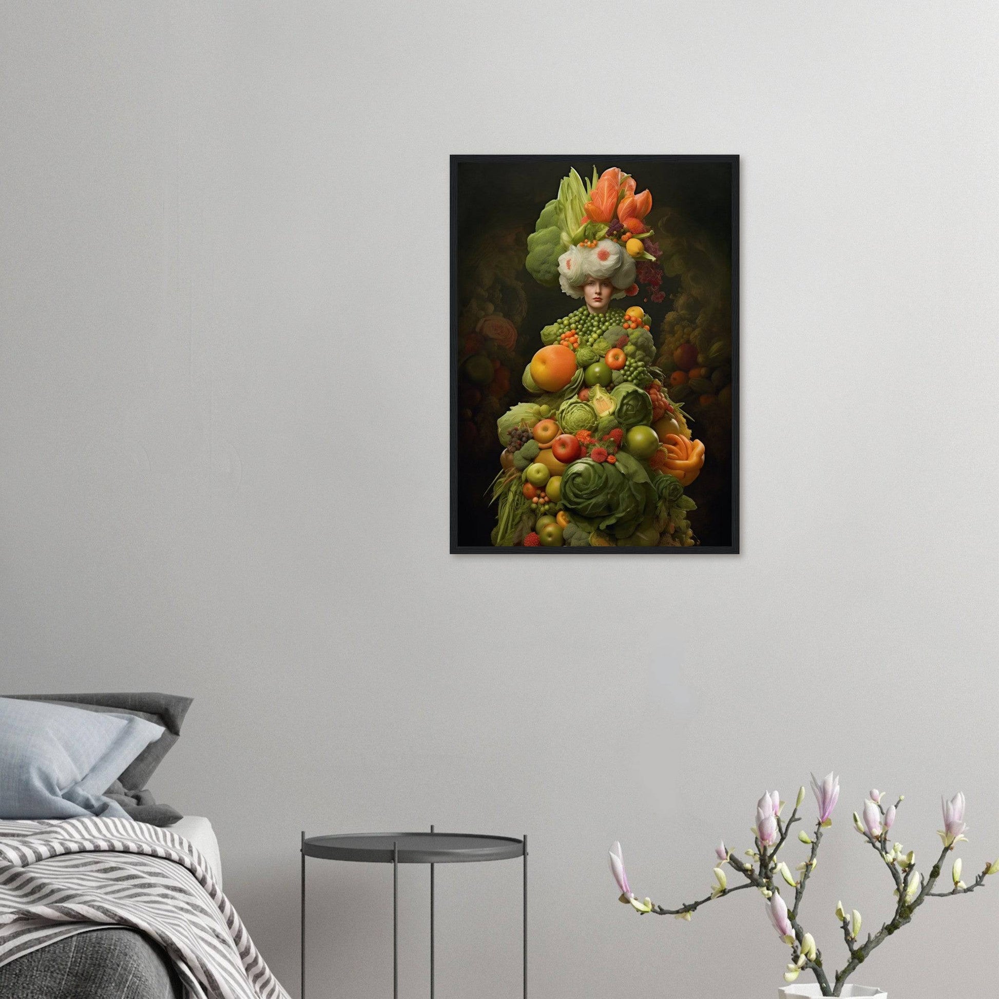 Surreal portrait composed entirely of colorful fruits and vegetables arranged to resemble a human figure.