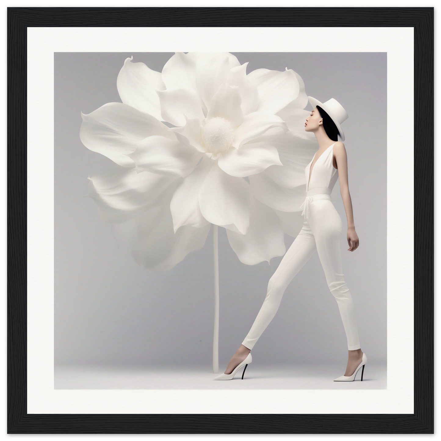 Woman in white outfit walking past an oversized white flower sculpture.