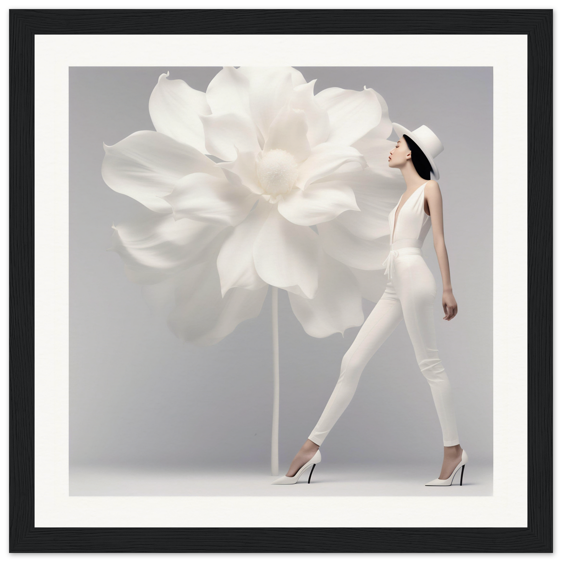 Woman in white outfit walking past an oversized white flower sculpture.