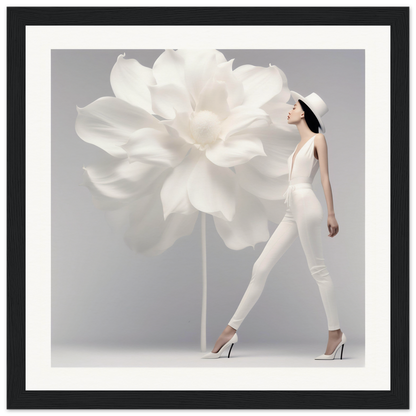 Woman in white outfit walking past an oversized white flower sculpture.