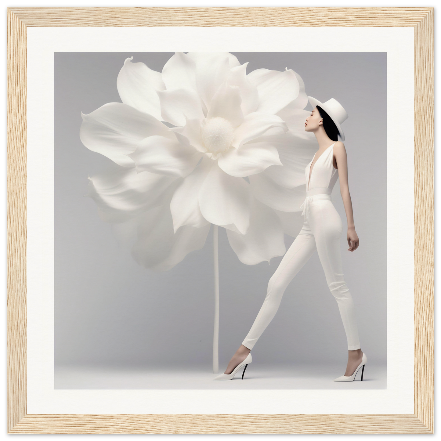 Elegant woman in white attire walking beside an oversized white flower.