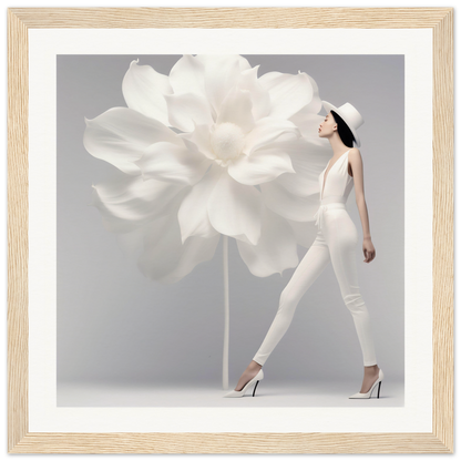 Elegant woman in white attire walking beside an oversized white flower.