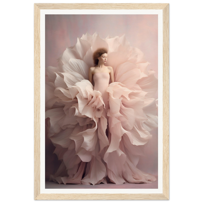 A figure emerging from or enveloped by delicate, petal-like fabric layers in soft pink hues.