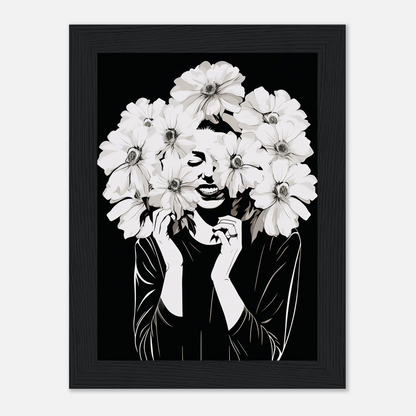 Black and white artistic portrait featuring a figure with large white flowers forming their hair and framing their face.