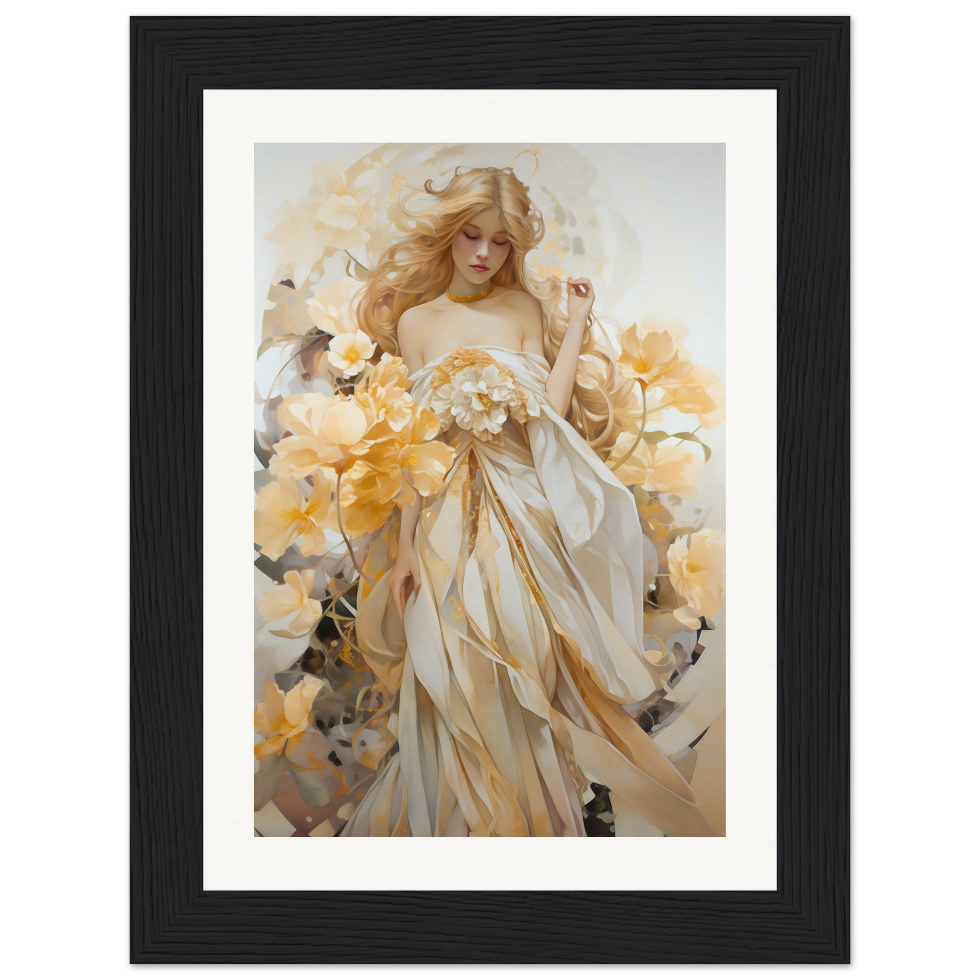 Ethereal painting of a woman in flowing white and gold robes surrounded by flowers.