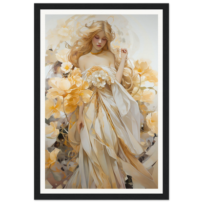 Ethereal painting of a woman in flowing white and gold robes holding flowers.