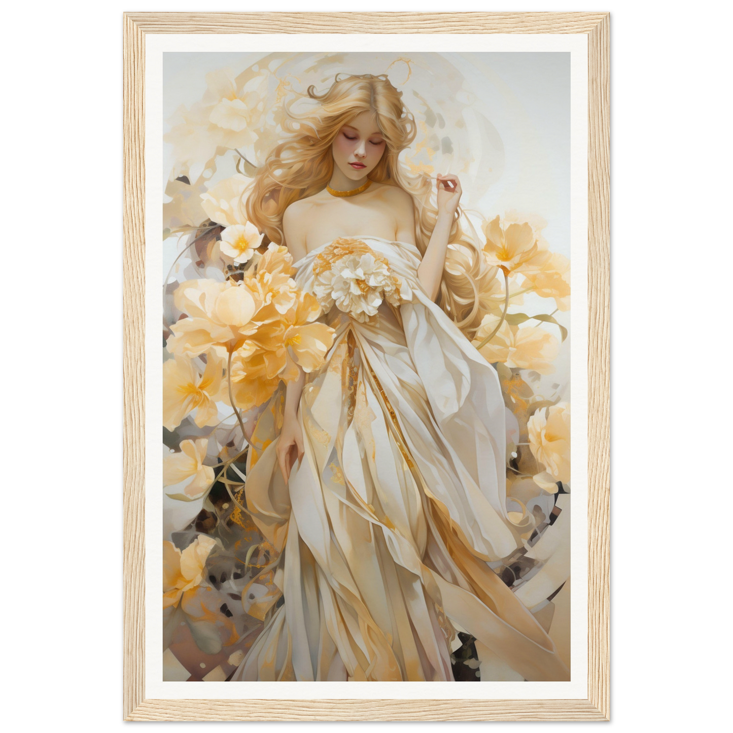 Ethereal painting of a woman in flowing white and gold robes holding flowers.