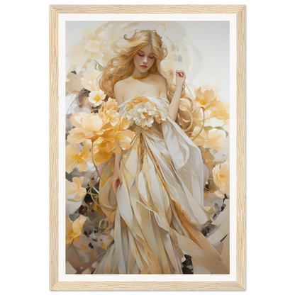 Ethereal painting of a woman in flowing white and gold robes holding flowers.