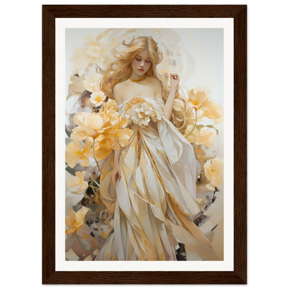 Ethereal painting of a woman in a flowing white dress surrounded by golden flowers.