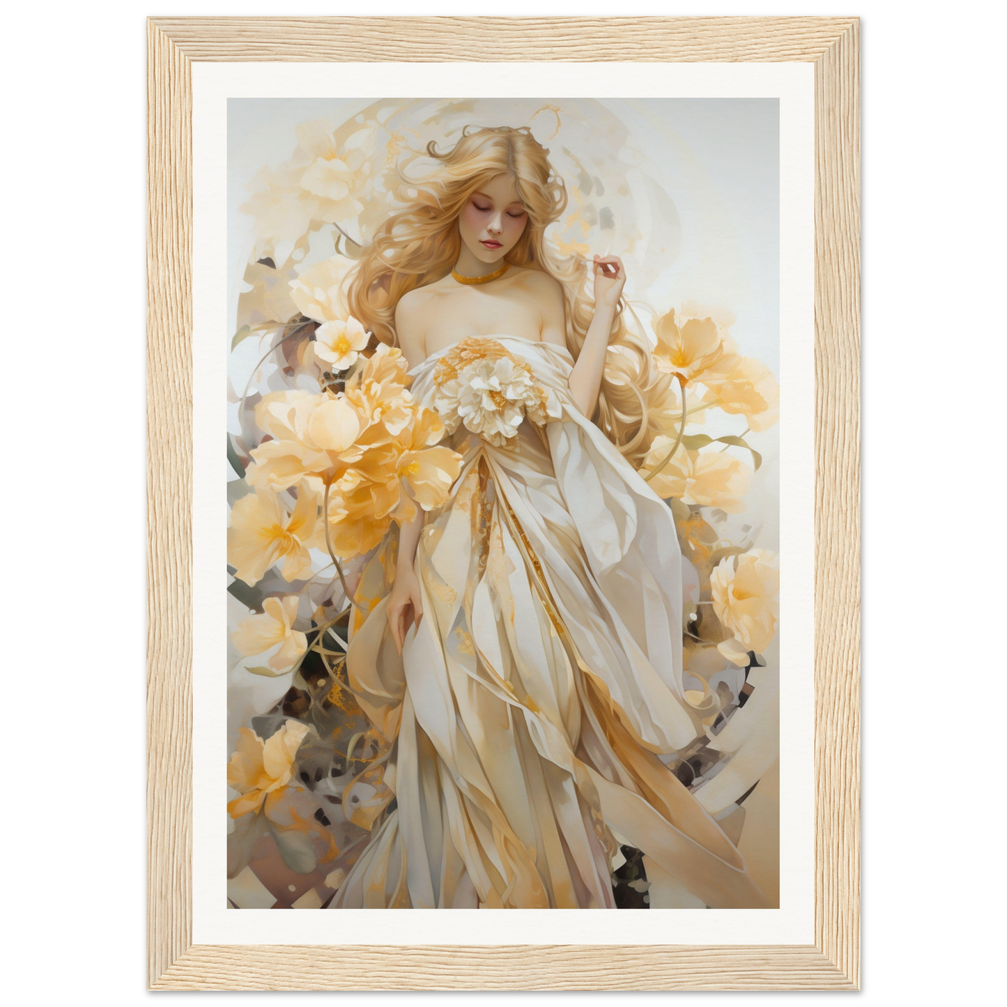 Ethereal painting of a woman in a flowing white dress surrounded by golden flowers.