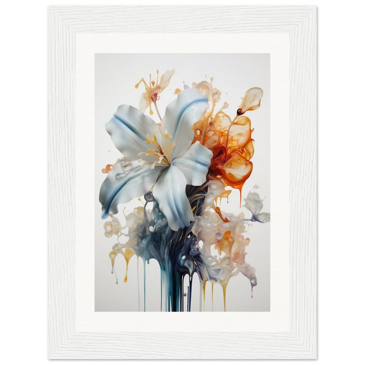 Watercolor painting of a lily flower with abstract splashes and drips of color.