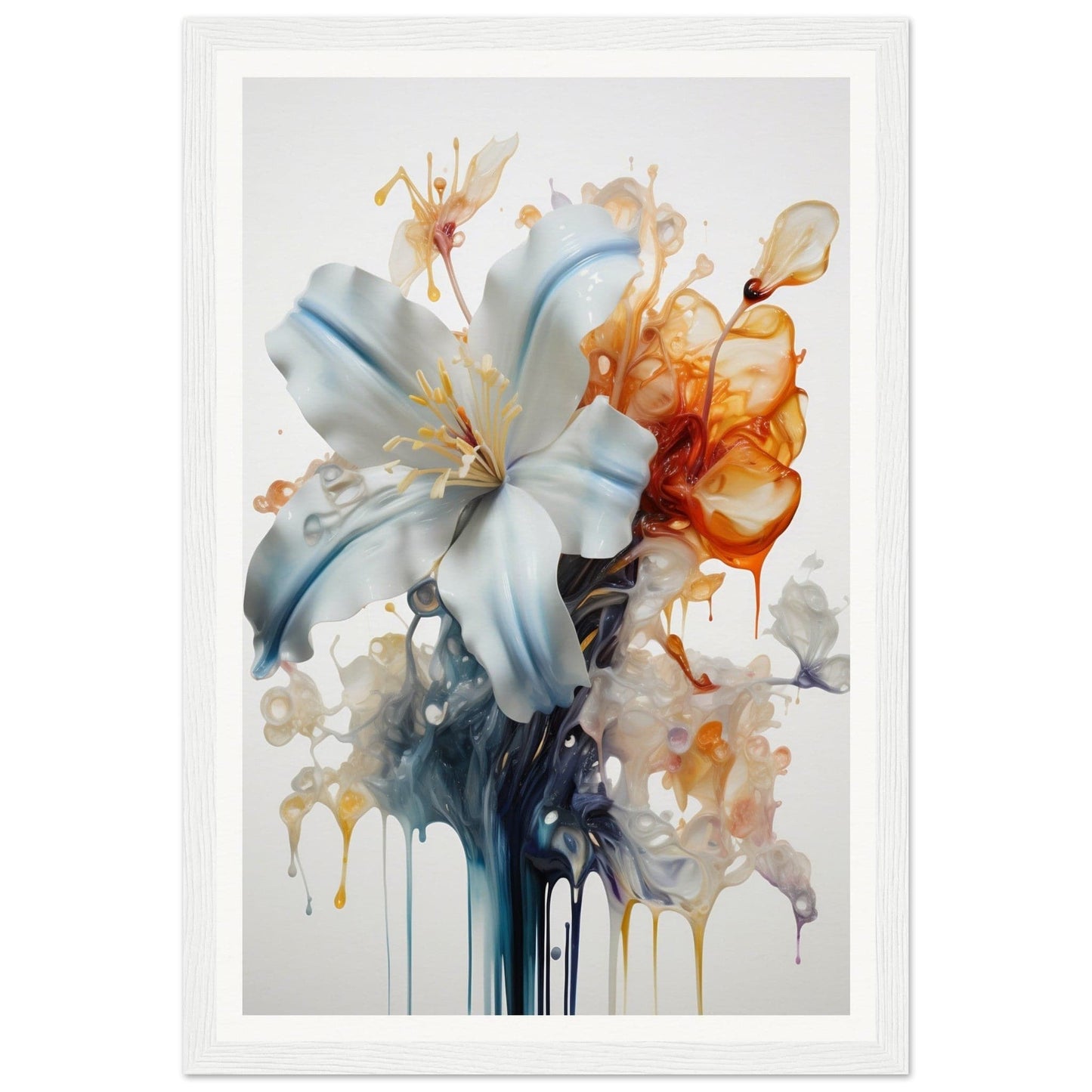 Watercolor-style painting of a lily flower with dripping paint effects in blue, orange, and white hues.