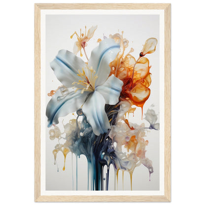 Watercolor-style painting of a lily flower with abstract dripping effects.