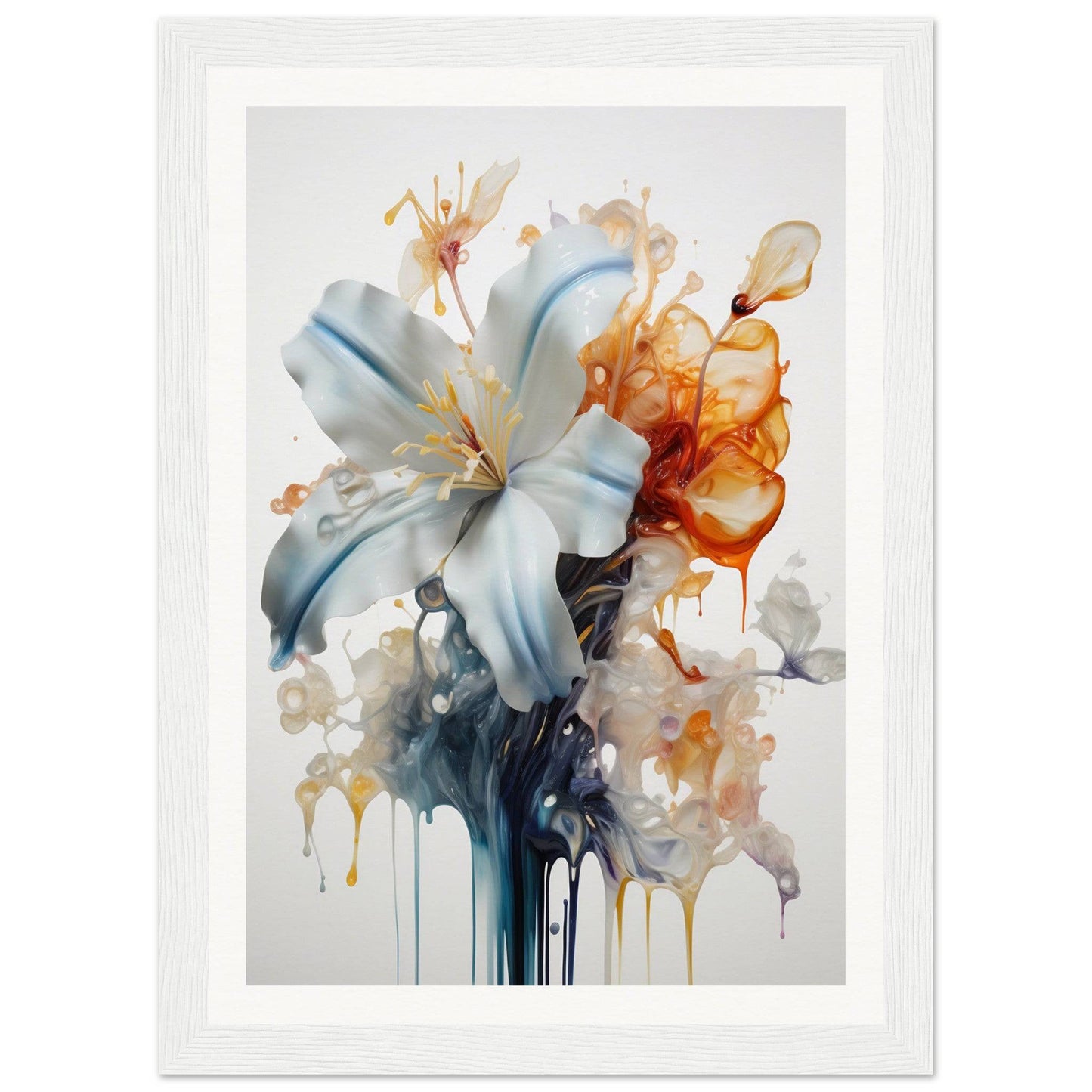 Watercolor-style painting of a white lily with colorful drips and splatters.