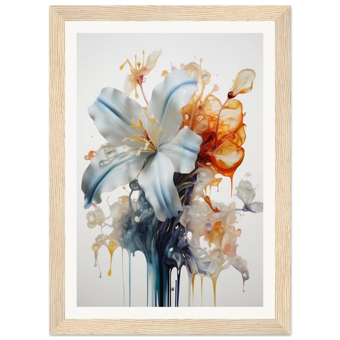 Watercolor-style painting of a white lily with abstract colorful splashes and drips.